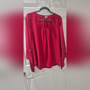 Cato Bohemian Red Blouse with flared eyelet detailed sleeves